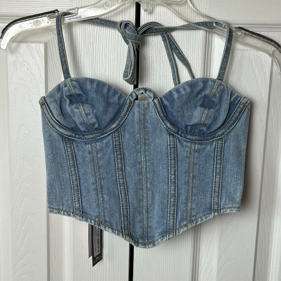 Pretty Little Thing Petite Light Blue Wash Denim Seam Detail Corset Top 00 - Picture 2 of 8